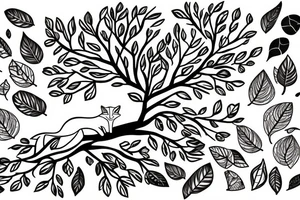 A fox sitting under a tree with falling leaves tattoo idea