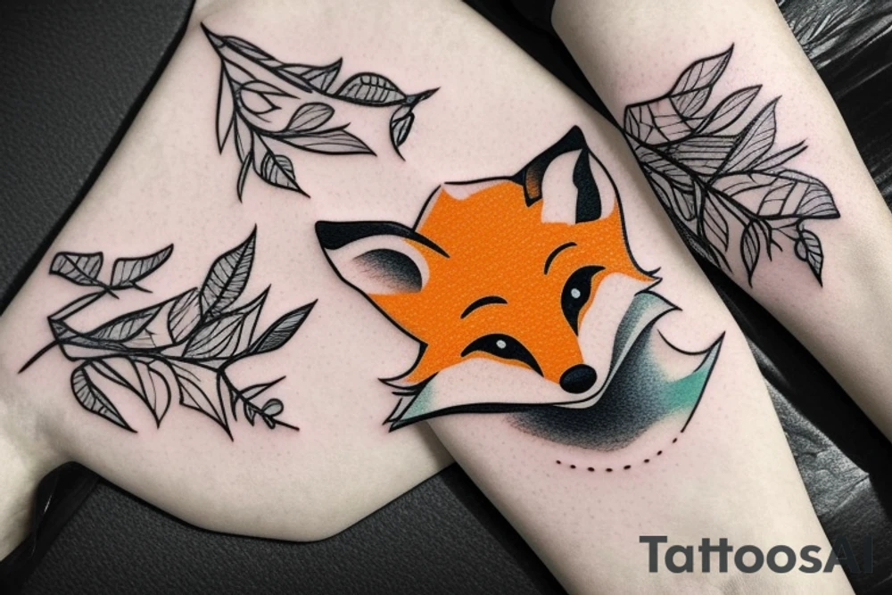 A fox sitting under a tree with falling leaves tattoo idea