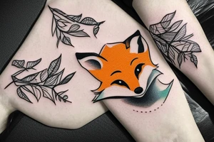 A fox sitting under a tree with falling leaves tattoo idea