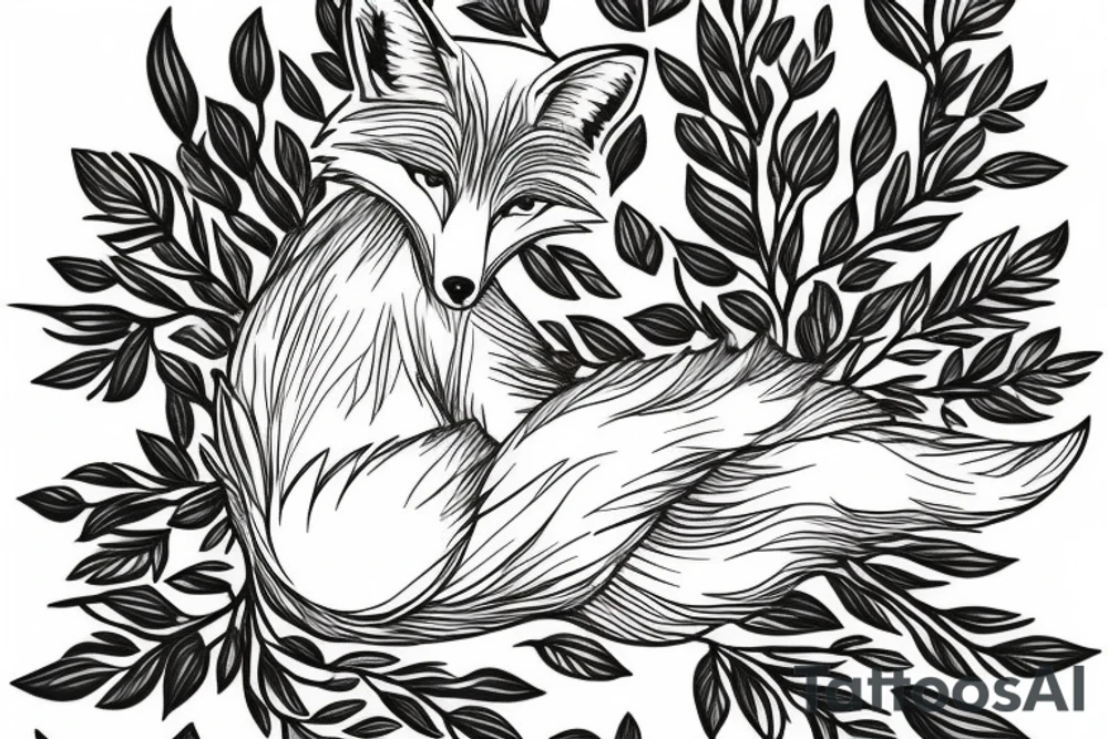 A fox sitting under a tree with falling leaves tattoo idea