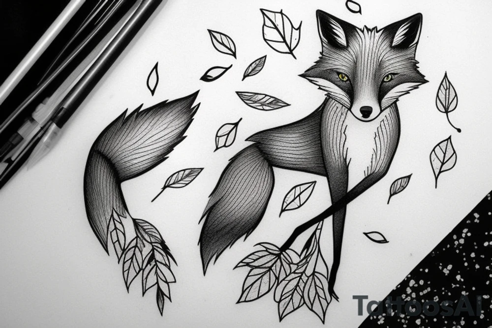 A fox sitting under a tree with falling leaves tattoo idea