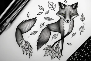 A fox sitting under a tree with falling leaves tattoo idea