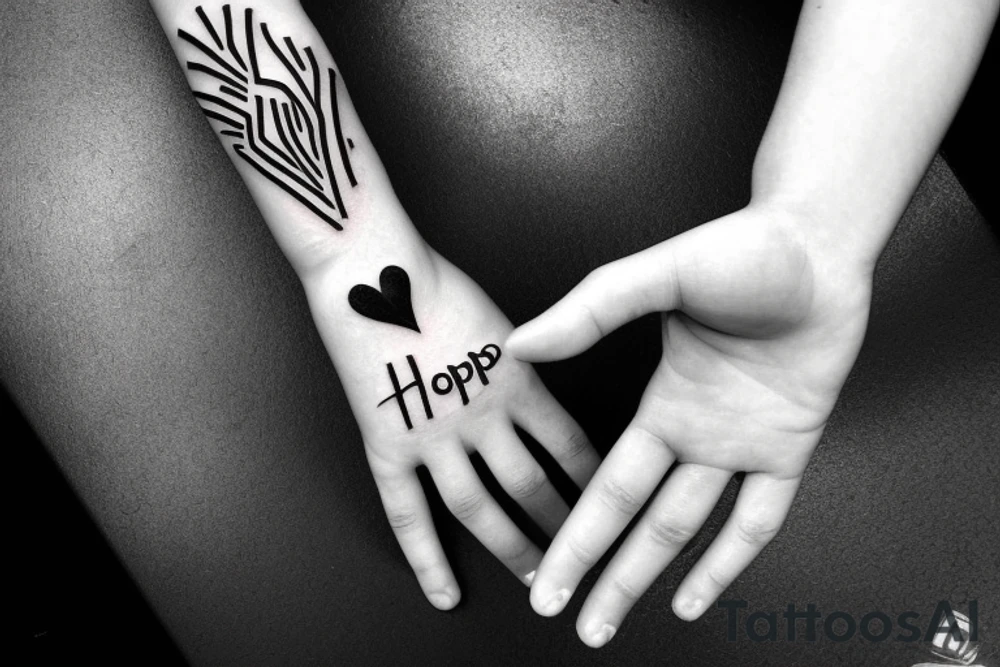 hand with lambda in palm and 'hope' written under it graffiti style tattoo idea