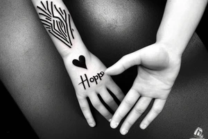 hand with lambda in palm and 'hope' written under it graffiti style tattoo idea