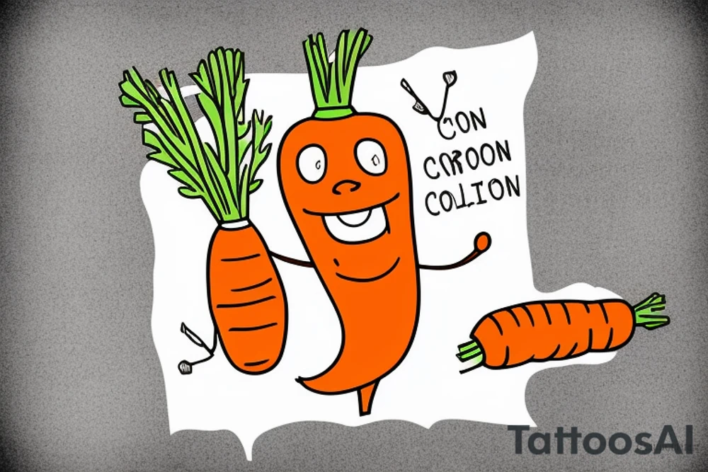 Cartoon of carrot holding a sign that says “Carrots for color” tattoo idea