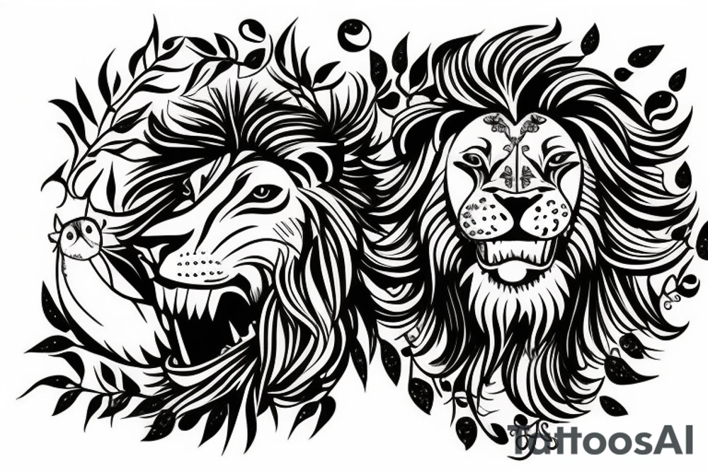 Lion with sparrow in its mouth tattoo idea