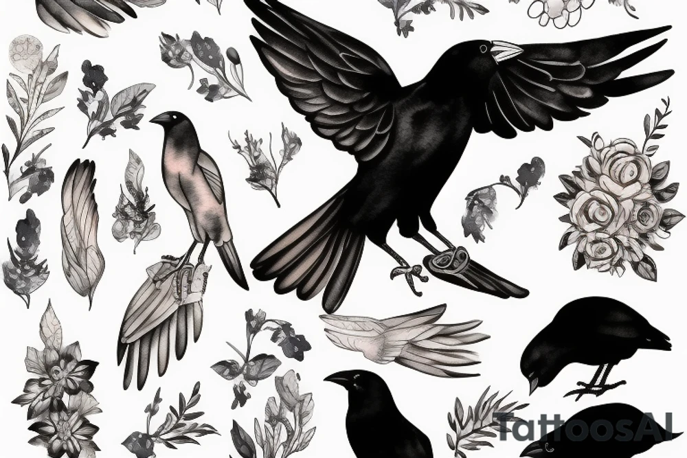 a crow taking care of a human baby tattoo idea