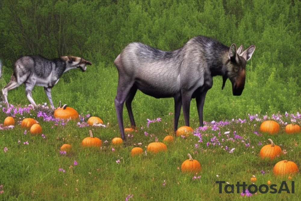 A single 20 sided die with lillies, purple and pink shelf fungi, and pumpkin vines growing all around it. In the background there is a moose and cat. The cat is black and silver with tabby markings. Around the area there are also shadows that take the form of wolves. One shadow instead takes the form of a lady with ram horns and a tail with an arrow tip, and is dressed in a full skirt and a shirt with ruffles at the sleeve cuffs. tattoo idea