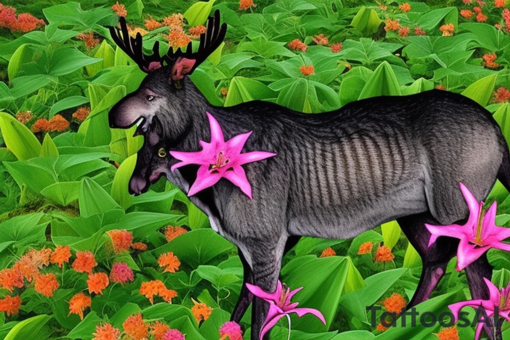 A single 20 sided die with lillies, purple and pink shelf fungi, and pumpkin vines growing all around it. In the background there is a moose and cat. The cat is black and silver with tabby markings. Around the area there are also shadows that take the form of wolves. One shadow instead takes the form of a lady with ram horns and a tail with an arrow tip, and is dressed in a full skirt and a shirt with ruffles at the sleeve cuffs. tattoo idea