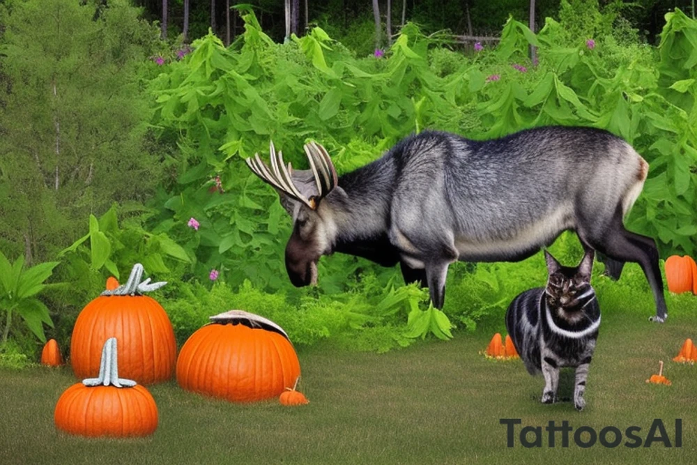 A single 20 sided die with lillies, purple and pink shelf fungi, and pumpkin vines growing all around it. In the background there is a moose and cat. The cat is black and silver with tabby markings. Around the area there are also shadows that take the form of wolves. One shadow instead takes the form of a lady with ram horns and a tail with an arrow tip, and is dressed in a full skirt and a shirt with ruffles at the sleeve cuffs. tattoo idea