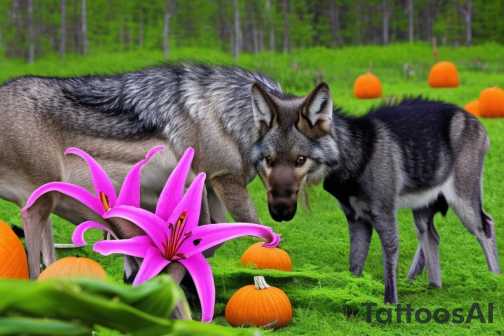 A single 20 sided die with lillies, purple and pink shelf fungi, and pumpkin vines growing all around it. In the background there is a moose and cat. The cat is black and silver with tabby markings. Around the area there are also shadows that take the form of wolves. One shadow instead takes the form of a lady with ram horns and a tail with an arrow tip, and is dressed in a full skirt and a shirt with ruffles at the sleeve cuffs. tattoo idea