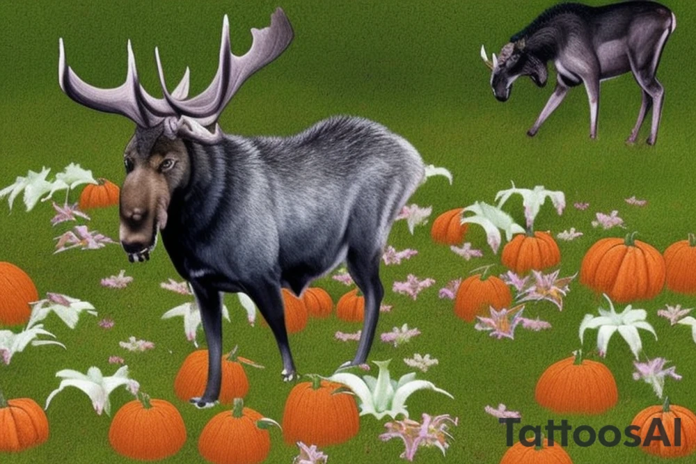 A single 20 sided die with lillies, purple and pink shelf fungi, and pumpkin vines growing all around it. In the background there is a moose and cat. The cat is black and silver with tabby markings. Around the area there are also shadows that take the form of wolves. One shadow instead takes the form of a lady with ram horns and a tail with an arrow tip, and is dressed in a full skirt and a shirt with ruffles at the sleeve cuffs. tattoo idea