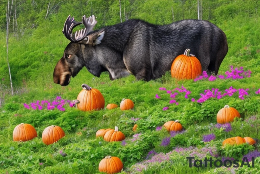 A single 20 sided die with lillies, purple and pink shelf fungi, and pumpkin vines growing all around it. In the background there is a moose and cat. The cat is black and silver with tabby markings. Around the area there are also shadows that take the form of wolves. One shadow instead takes the form of a lady with ram horns and a tail with an arrow tip, and is dressed in a full skirt and a shirt with ruffles at the sleeve cuffs. tattoo idea