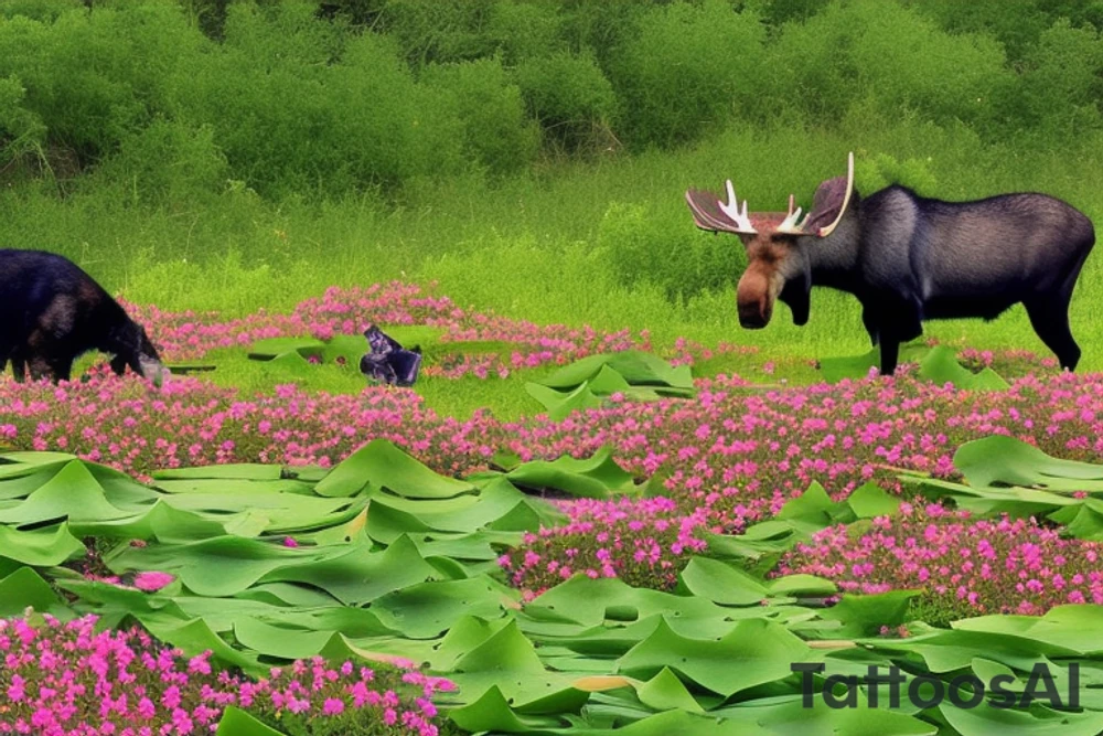 A single 20 sided die with lillies, purple and pink shelf fungi, and pumpkin vines growing all around it. In the background there is a moose and cat. The cat is black and silver with tabby markings. Around the area there are also shadows that take the form of wolves. One shadow instead takes the form of a lady with ram horns and a tail with an arrow tip, and is dressed in a full skirt and a shirt with ruffles at the sleeve cuffs. tattoo idea