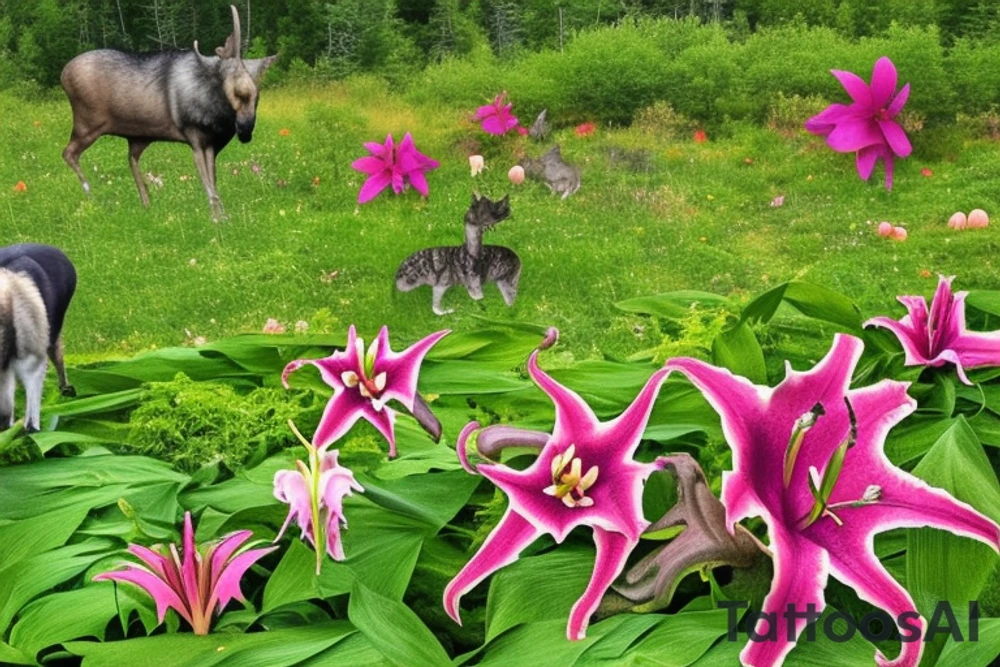 A single 20 sided die with lillies, purple and pink shelf fungi, and pumpkin vines growing all around it. In the background there is a moose and cat. The cat is black and silver with tabby markings. Around the area there are also shadows that take the form of wolves. One shadow instead takes the form of a lady with ram horns and a tail with an arrow tip, and is dressed in a full skirt and a shirt with ruffles at the sleeve cuffs. tattoo idea