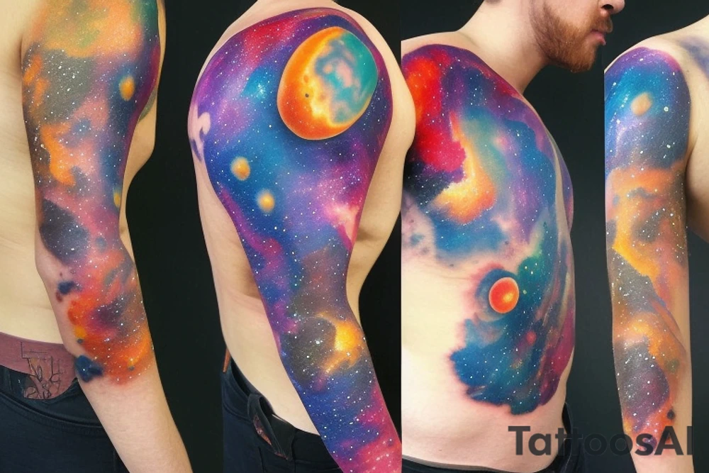 Colorful galaxy tattoo with black hole with planets tattoo idea