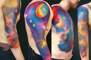 Colorful galaxy tattoo with black hole with planets tattoo idea