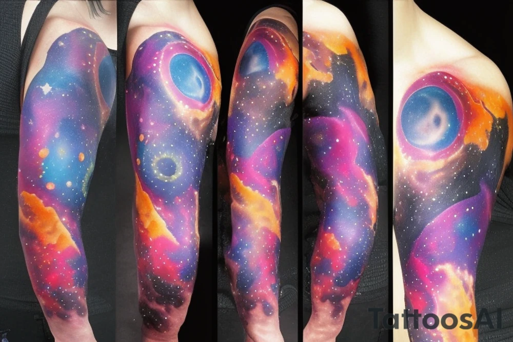 Colorful nebula tattoo with black hole with planets tattoo idea