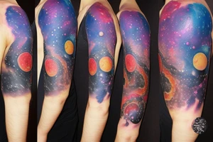 Colorful nebula tattoo with black hole with planets tattoo idea