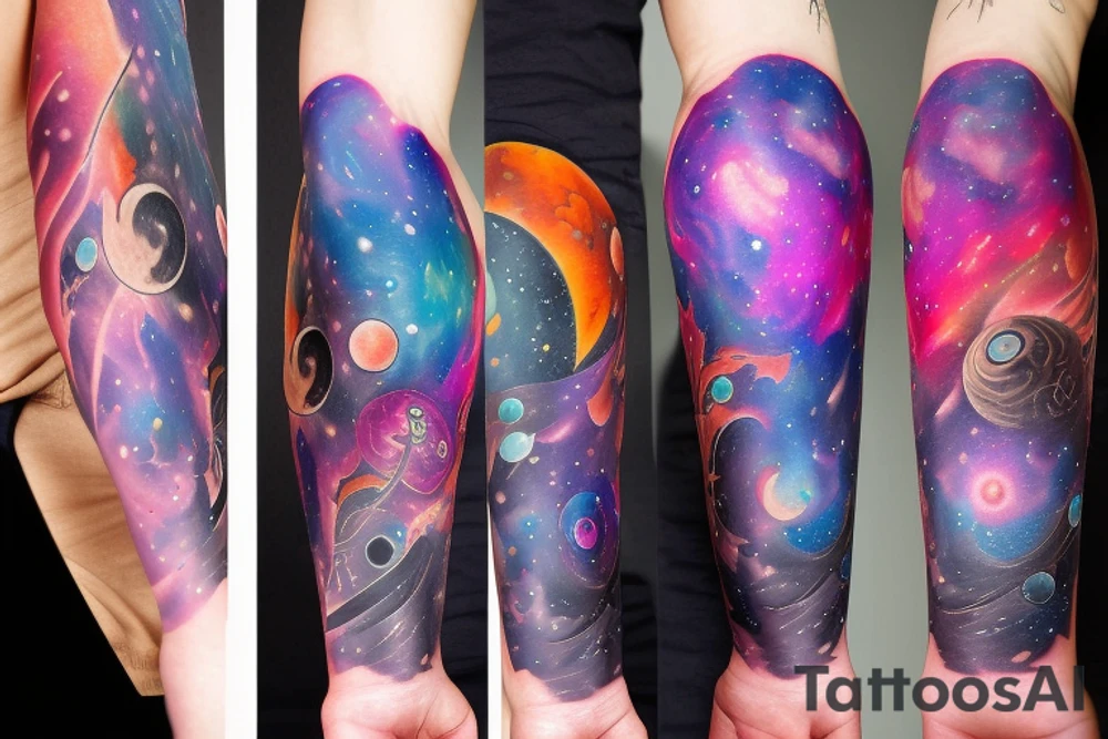 Colorful nebula tattoo with black hole with planets tattoo idea