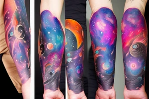 Colorful nebula tattoo with black hole with planets tattoo idea