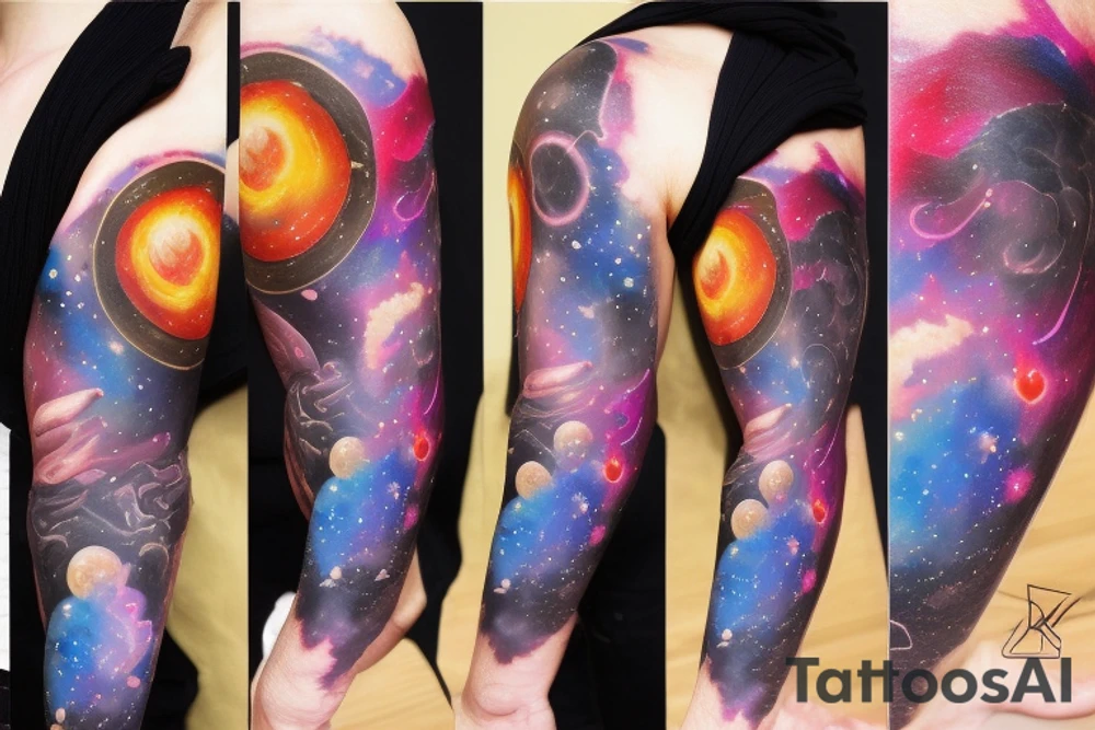 Colorful nebula tattoo with black hole with planets tattoo idea