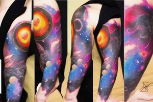Colorful nebula tattoo with black hole with planets tattoo idea