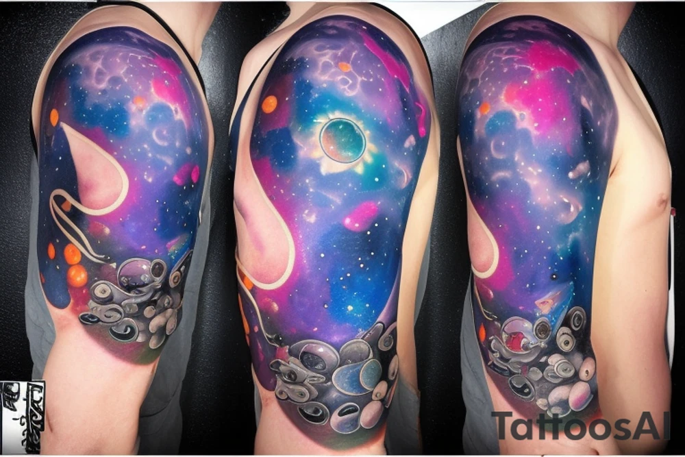 Colorful nebula tattoo with black hole with planets and collision tattoo idea