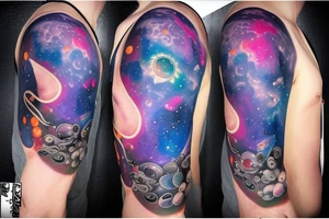 Colorful nebula tattoo with black hole with planets and collision tattoo idea