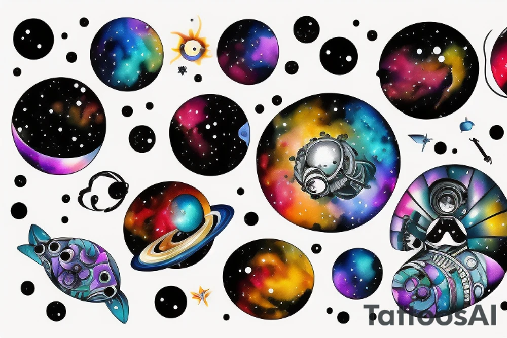 Colorful nebula tattoo with black hole with planets and collision tattoo idea