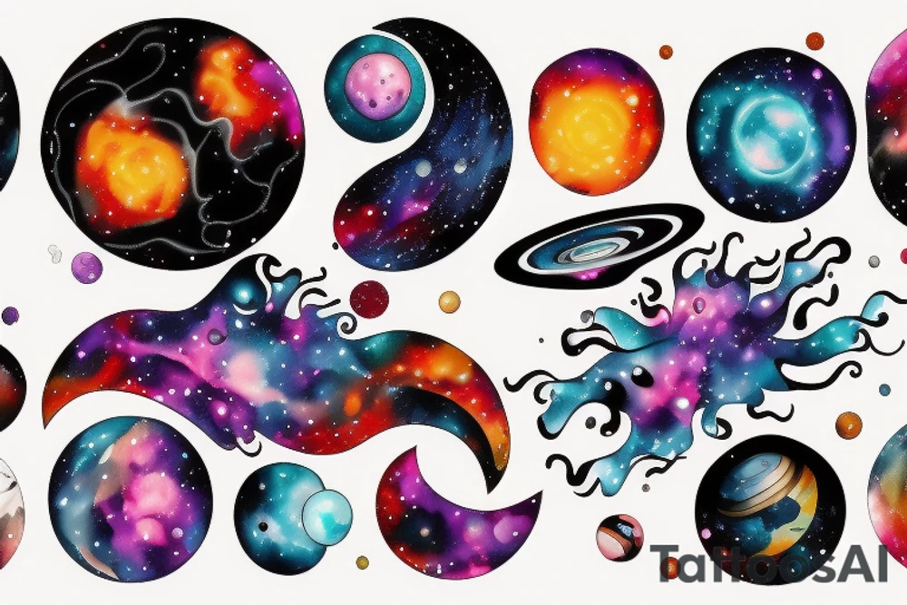 Colorful nebula tattoo with black hole with planets and collision tattoo idea