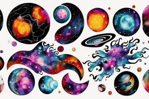 Colorful nebula tattoo with black hole with planets and collision tattoo idea