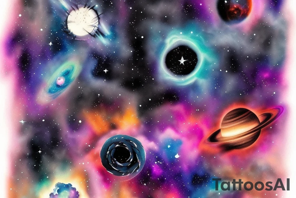 Colorful nebula tattoo with black hole with planets and collision tattoo idea