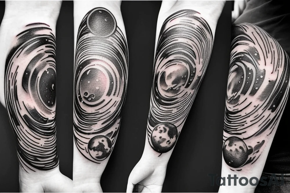 Colorful nebula tattoo with black hole with planets and collision with bands tattoo idea