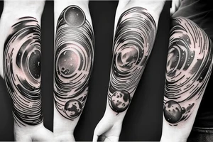 Colorful nebula tattoo with black hole with planets and collision with bands tattoo idea