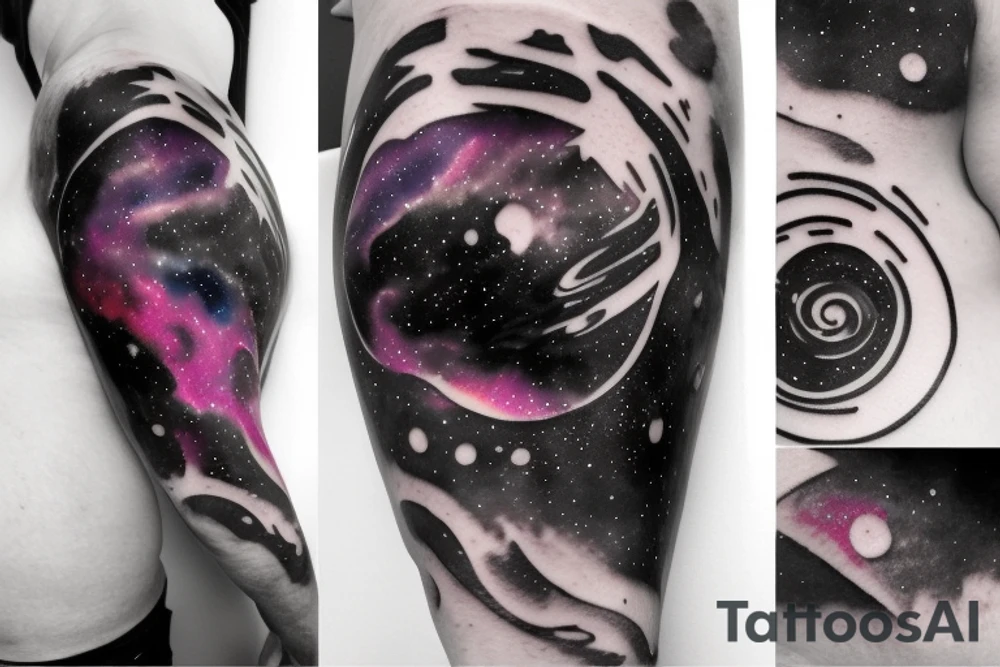 Colorful nebula tattoo with black hole with planets and collision with bands tattoo idea