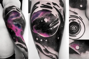 Colorful nebula tattoo with black hole with planets and collision with bands tattoo idea