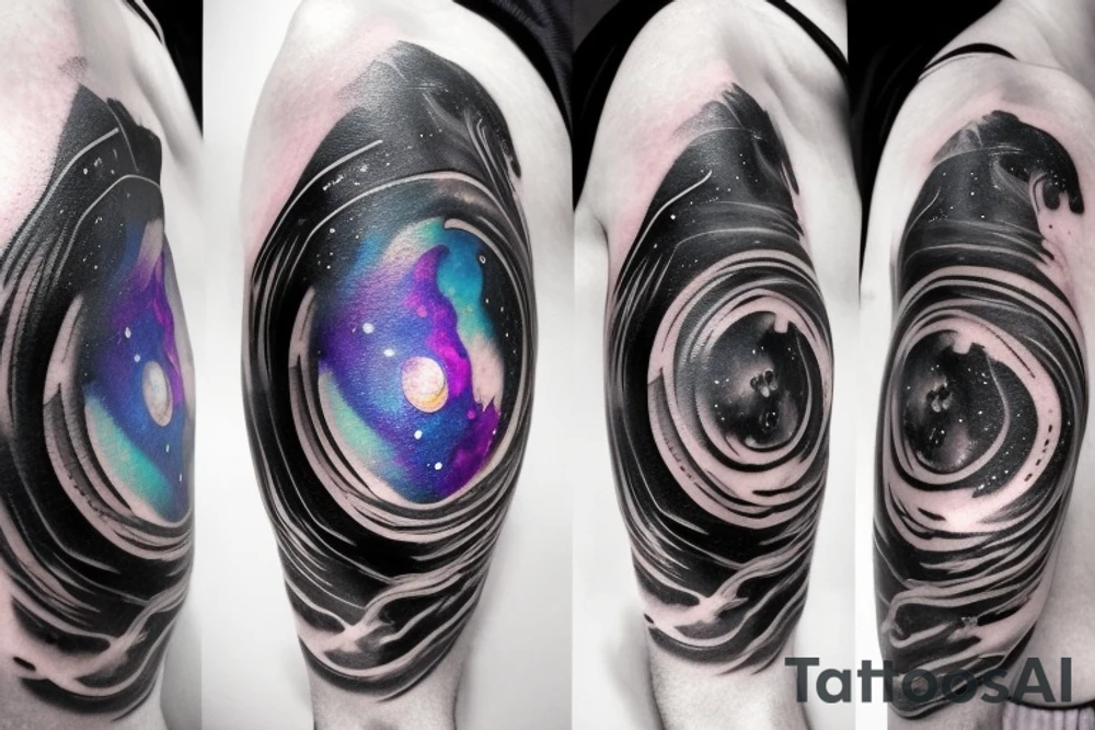 Colorful nebula tattoo with black hole with planets and collision with bands tattoo idea