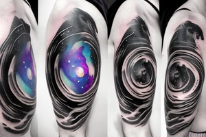 Colorful nebula tattoo with black hole with planets and collision with bands tattoo idea