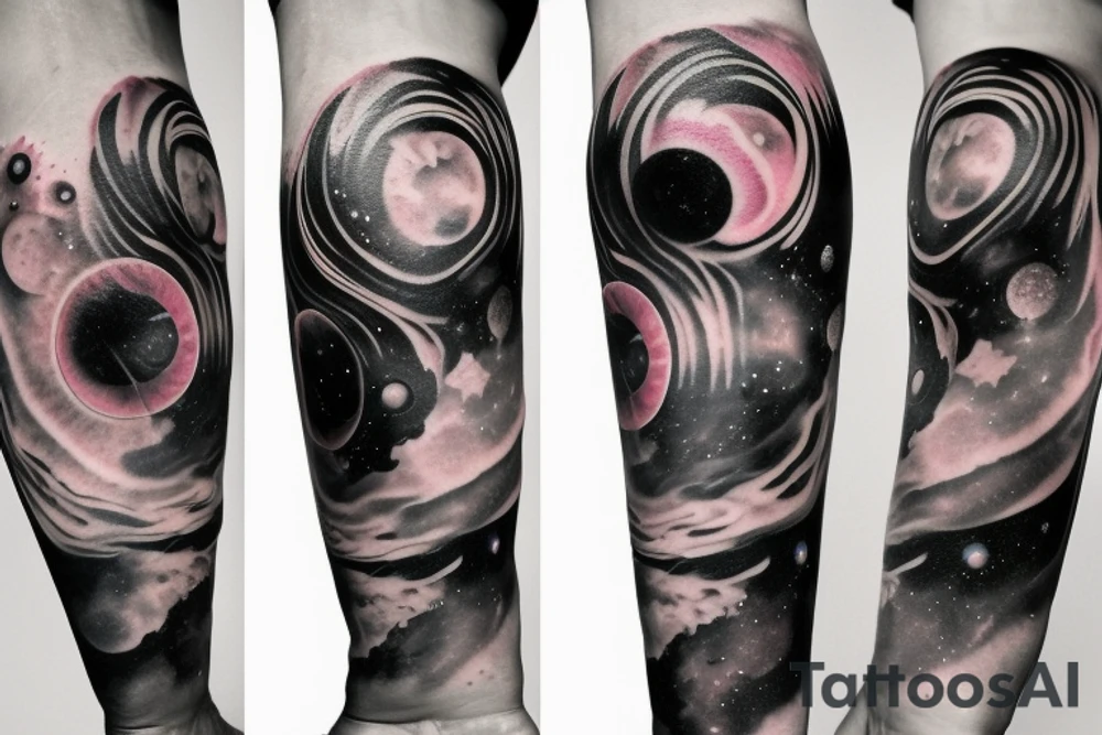 Colorful nebula tattoo with black hole with planets and collision with bands tattoo idea