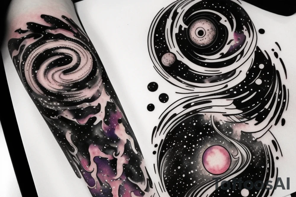 Colorful nebula tattoo with black hole with planets and collision with bands tattoo idea