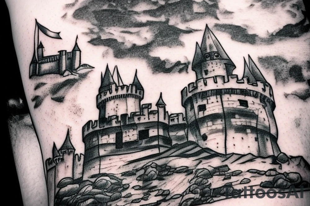 Guy in a cape, looking at a castle from a cliff tattoo idea