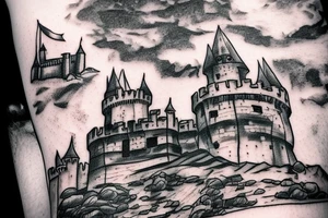 Guy in a cape, looking at a castle from a cliff tattoo idea