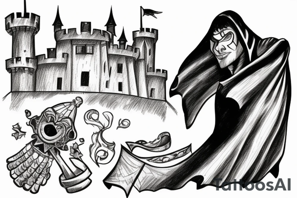 Guy in a cape, looking at a castle from a cliff tattoo idea