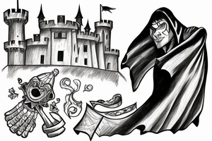 Guy in a cape, looking at a castle from a cliff tattoo idea