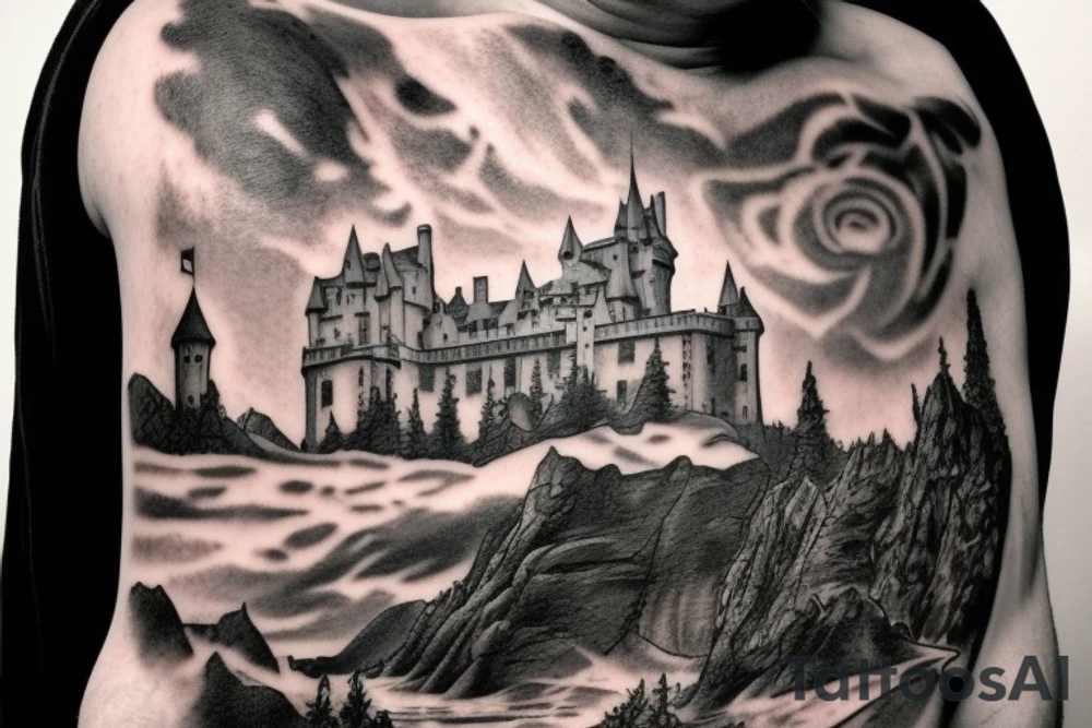 Guy in a cape, looking at a castle from a cliff tattoo idea Guy in a cape, looking at a castle from a cliff tattoo idea