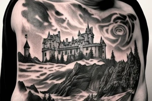 Guy in a cape, looking at a castle from a cliff tattoo idea
