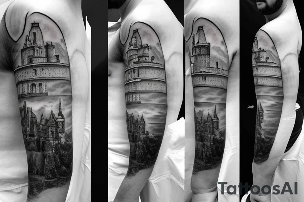 Guy in a cape, looking at a castle from a cliff tattoo idea
