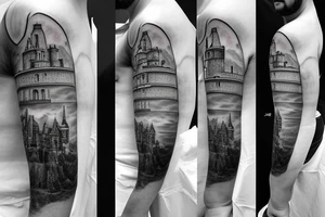 Guy in a cape, looking at a castle from a cliff tattoo idea