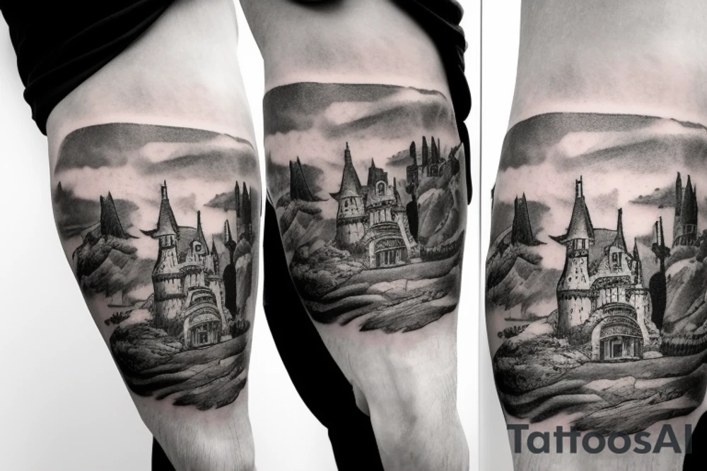 Guy in a cape, looking at a castle from a cliff tattoo idea Guy in a cape, looking at a castle from a cliff tattoo idea